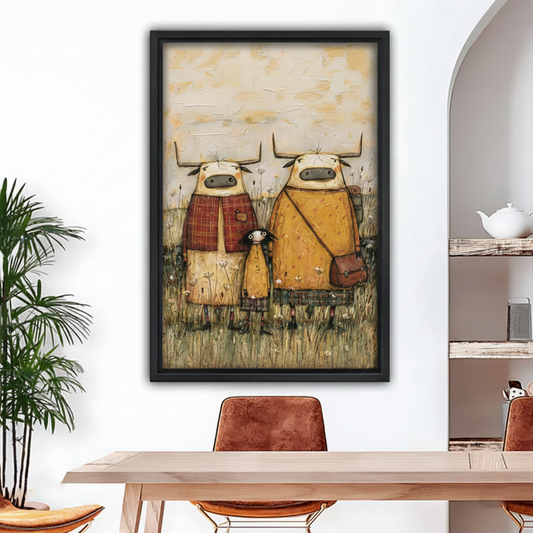 Black framed folk art oil painting of two horned highland cows in tartan and golden coats flanking a small black bird child among wildflowers, hung above a rustic dining table in a bright arched interior
