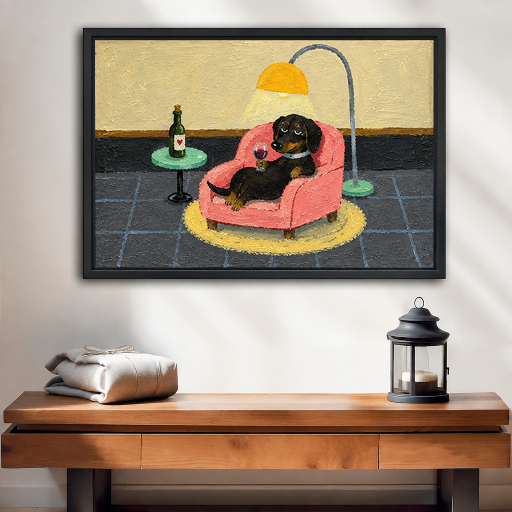 Black-framed whimsical dachshund canvas wall art above a wooden console with folded linens and a black lantern.