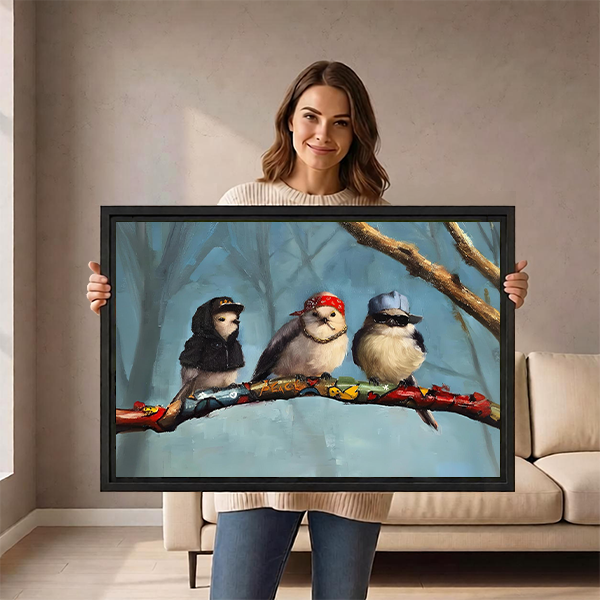 Woman holding a large framed hip-hop birds wall art print showing three stylish birds on a branch, demonstrating print scale and black frame
