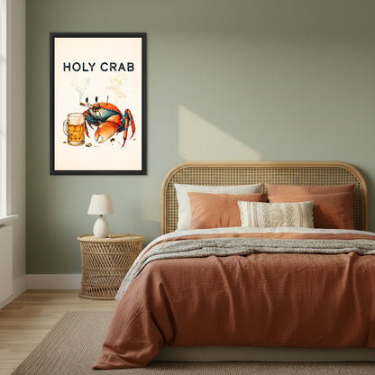 Framed Holy Crab beer canvas wall art in a sage green bedroom