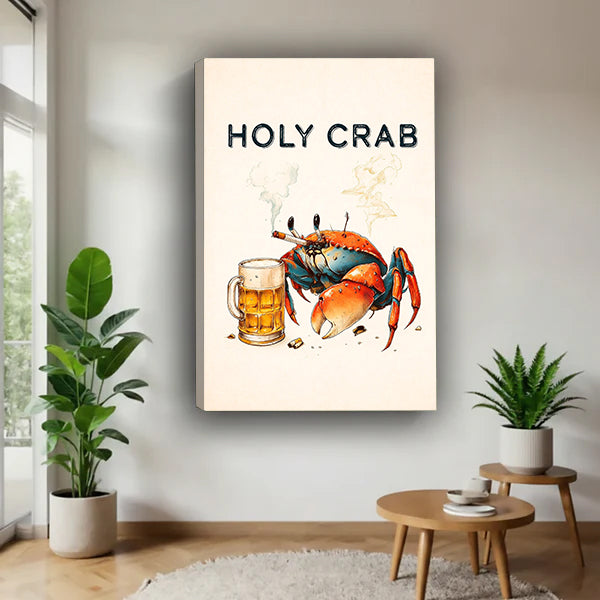 Gallery-wrap Holy Crab beer canvas wall art in a bright corner beside plants