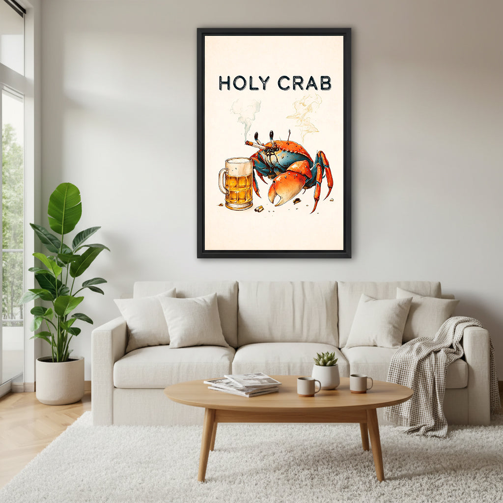 Funny Holy Crab beer canvas wall art above a cream living room sofa