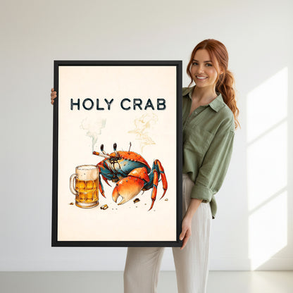 Model holding framed Holy Crab beer canvas wall art for size reference
