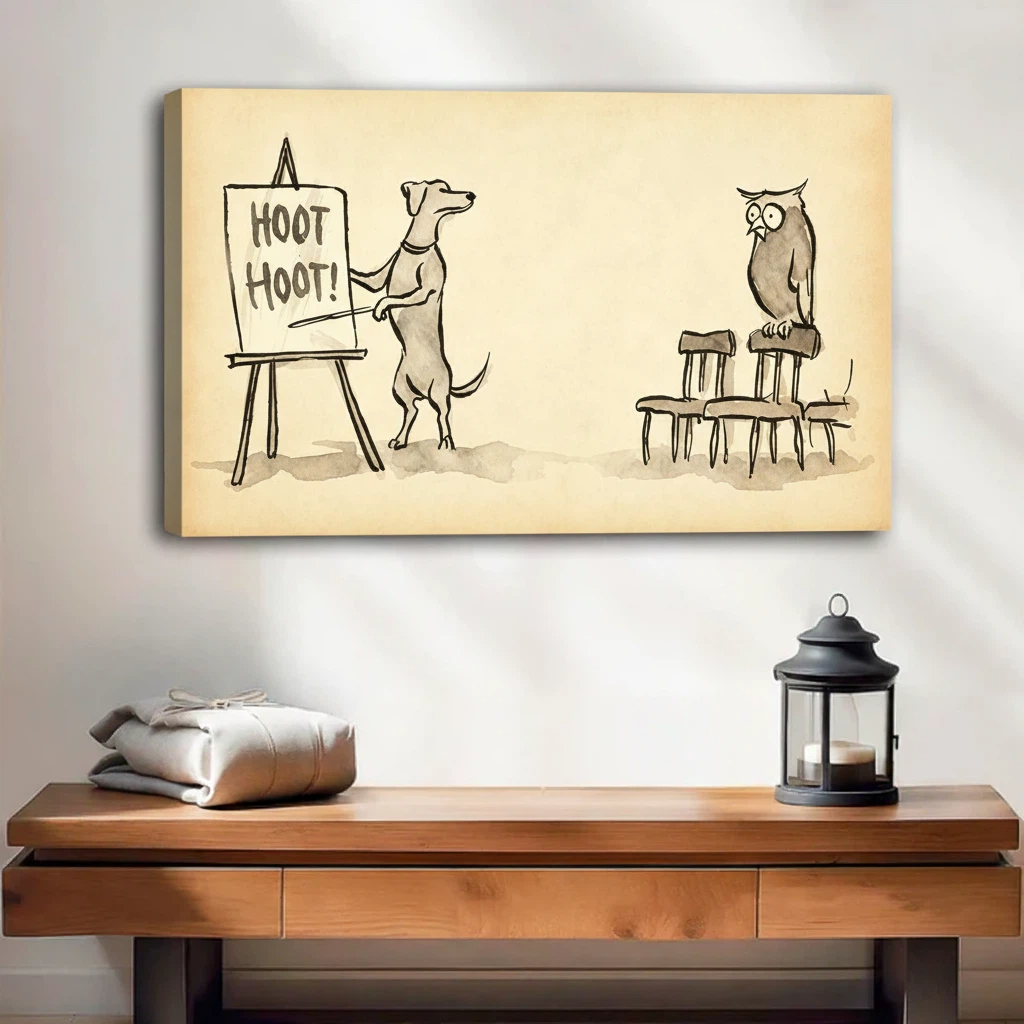 Dog teaching owl hoot hoot frameless canvas wrap wall art, vintage sketch style animal print for living room