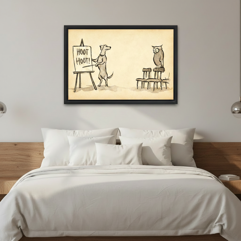 Whimsical dog and owl vintage wall art print in black frame, funny animal bedroom decor above white linen bed