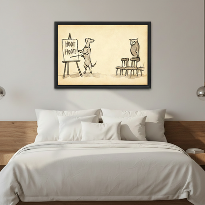 Whimsical dog and owl vintage wall art print in black frame, funny animal bedroom decor above white linen bed