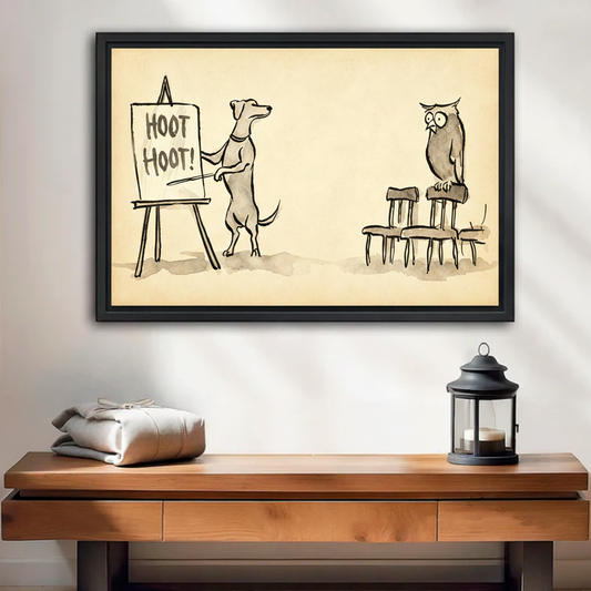 Funny dog owl pen-and-ink framed art print on console table, vintage whimsical animal wall decor for entryway