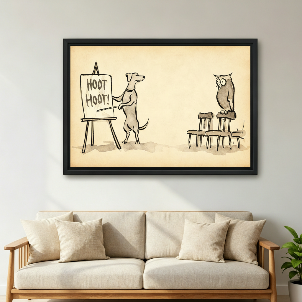 Funny dog and owl whimsical vintage wall art in black frame, framed canvas print above beige sofa in modern living room