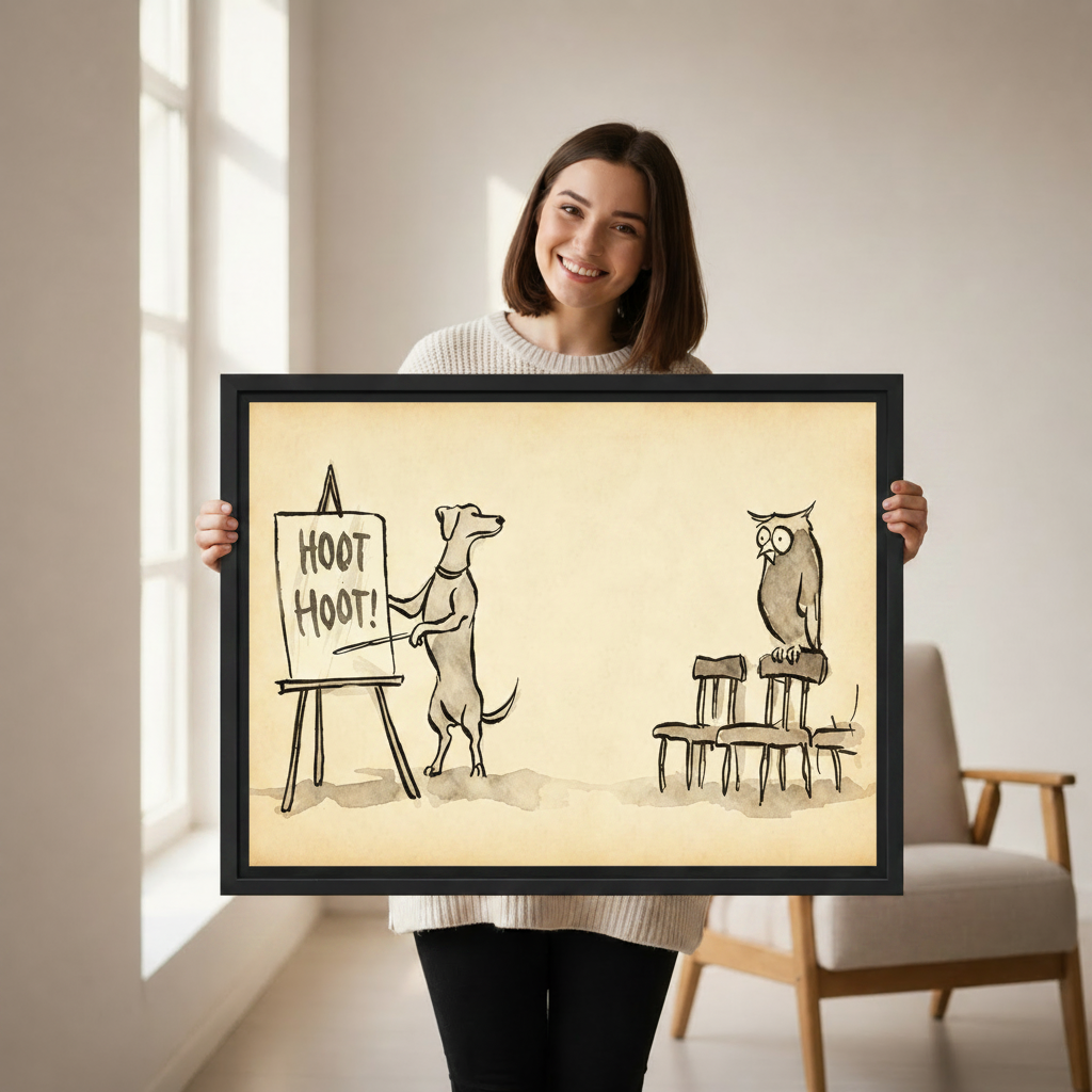 Woman holding funny dog teaching owl whimsical art print in black frame, humorous animal wall decor gift idea