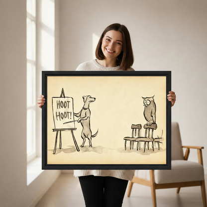 Woman holding funny dog teaching owl whimsical art print in black frame, humorous animal wall decor gift idea