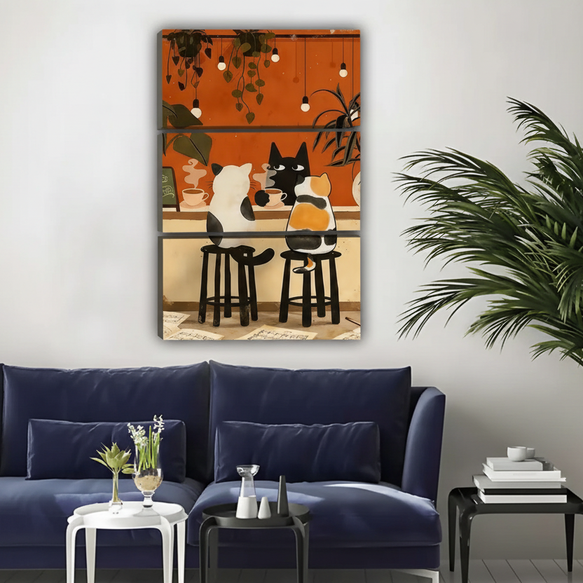 Horizontal triptych cats cafe artwork in living room
