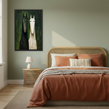 Framed black and white horse painting displayed in cozy bedroom with sage green walls and warm terracotta bedding