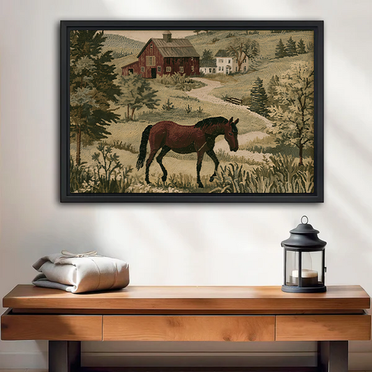 Black-framed vintage horse farmhouse canvas wall art above white bedding and a wooden headboard, featuring a rural landscape.