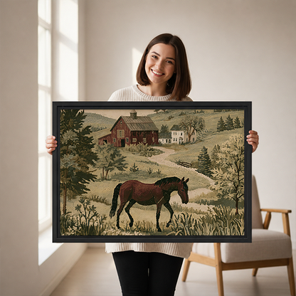 Black-framed horse farmhouse canvas wall art above a wooden console table, showing a brown horse and red barn.