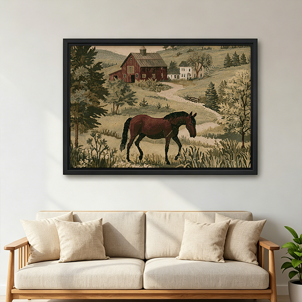 Gallery-wrapped vintage horse farmhouse canvas wall art above a wooden console table with a lantern, featuring rolling countryside.