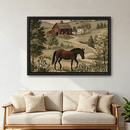 Gallery-wrapped vintage horse farmhouse canvas wall art above a wooden console table with a lantern, featuring rolling countryside.