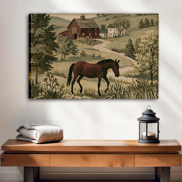 Vintage horse farmhouse canvas wall art in a black frame above a cream sofa with wooden arms.
