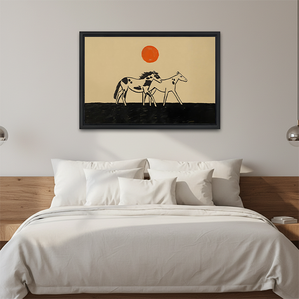 Horse pair canvas wall art above a bedroom, showing two minimalist horses beneath a bright orange sun