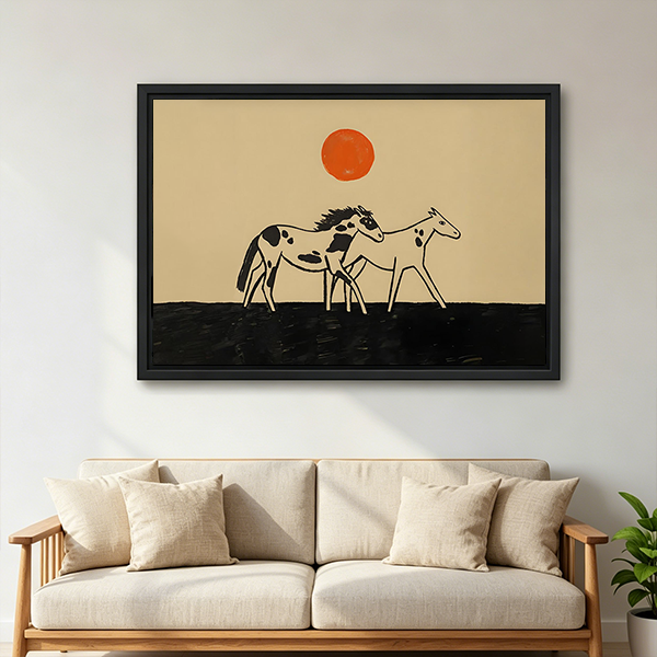 Framed horse pair canvas wall art above a wooden console, featuring two horses on a dark ground