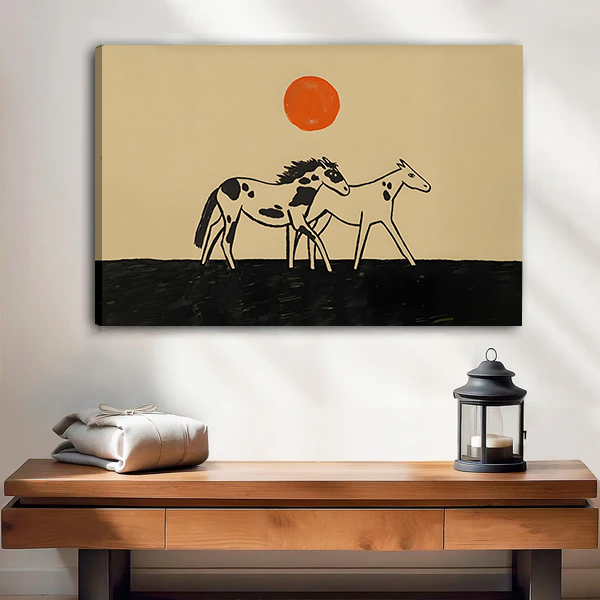 Woman holding horse pair canvas wall art with two minimalist horses, a warm beige background, and orange sun