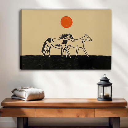 Woman holding horse pair canvas wall art with two minimalist horses, a warm beige background, and orange sun