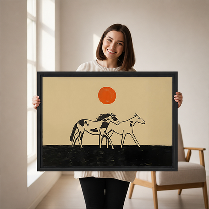 Framed horse pair canvas wall art above a cream sofa, featuring two horses and a bold orange sun