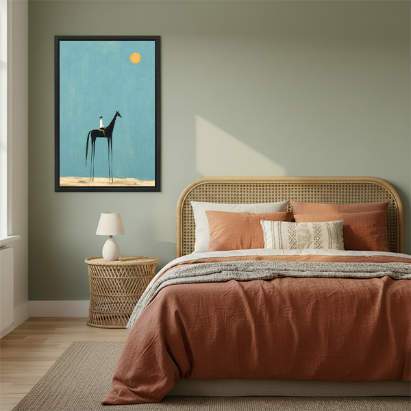 Framed horse and rider canvas wall art on a sage-green bedroom wall beside a bed with terracotta bedding.