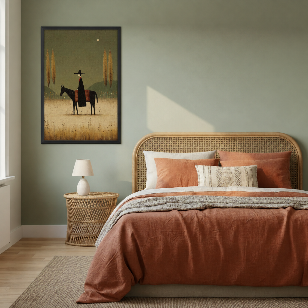 Horse and rider canvas wall art displayed beside a bed with rust-colored bedding.