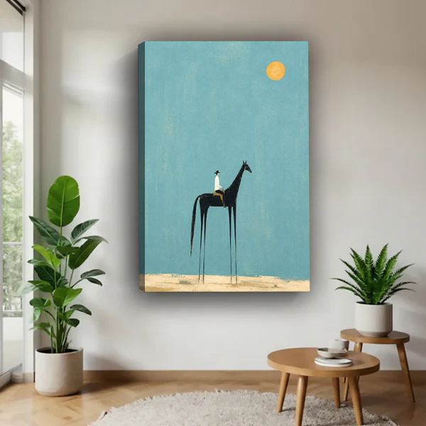 Black framed horse and rider canvas wall art with elongated horse legs, displayed between green houseplants.