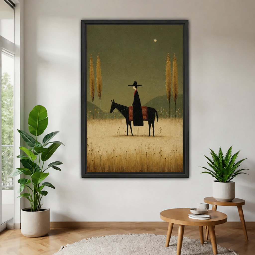 Framed horse and rider canvas wall art above a wooden table, with grasses and an olive sky in the painting.