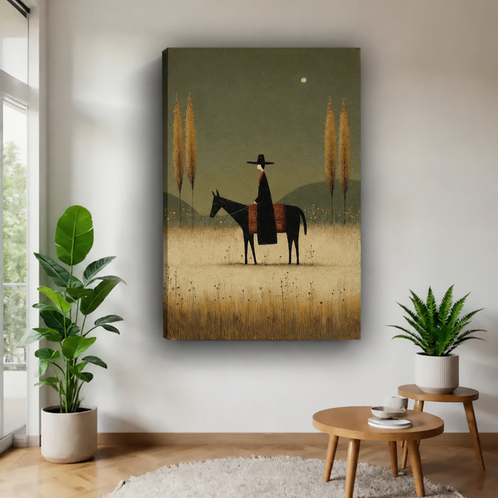 Gallery-wrap horse and rider canvas wall art showing a dark horse beneath a small moon.