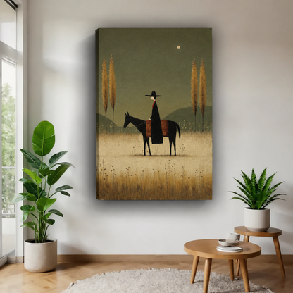 Gallery-wrap horse and rider canvas wall art showing a dark horse beneath a small moon.