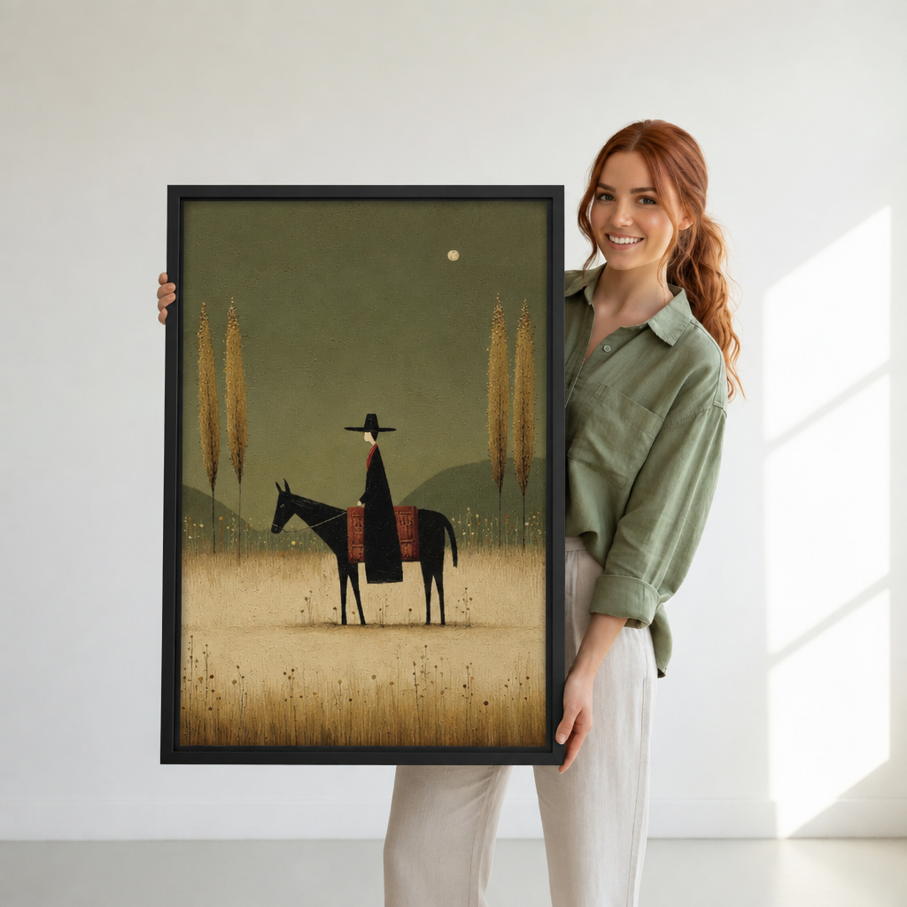Woman holding framed horse and rider canvas wall art, showing the vertical artwork at room scale.