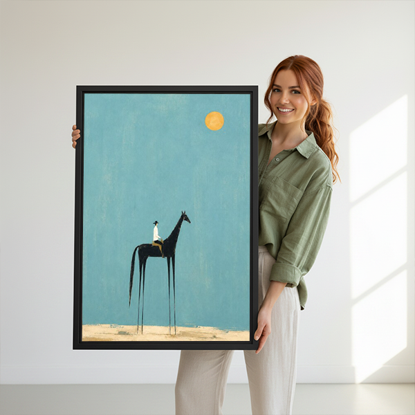 Surreal horse and rider canvas wall art in a black frame above a cream living room sofa.