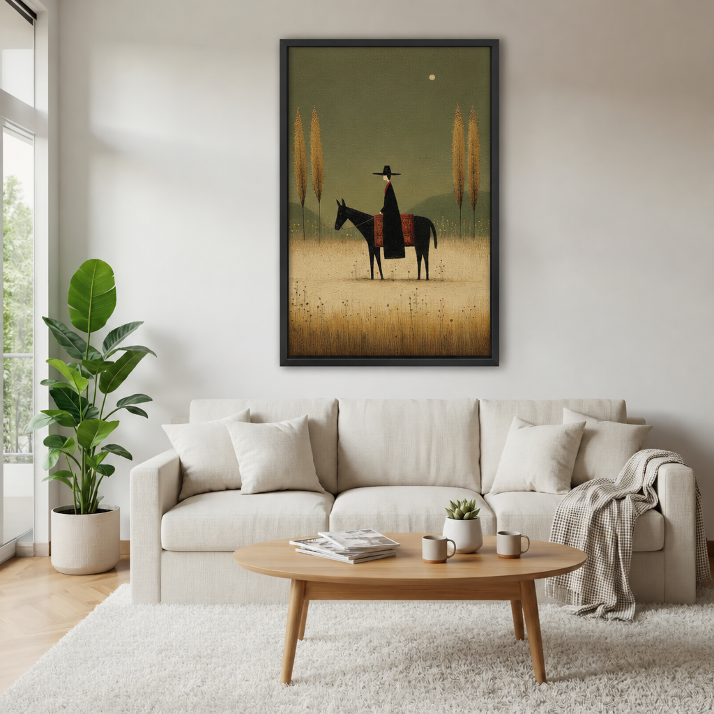 Framed horse and rider canvas wall art hanging above a white sofa in a bright living room.