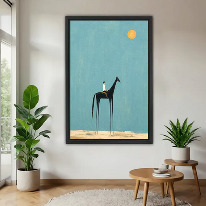 Surreal horse and rider canvas wall art without an outer frame, featuring a teal background and golden sun.