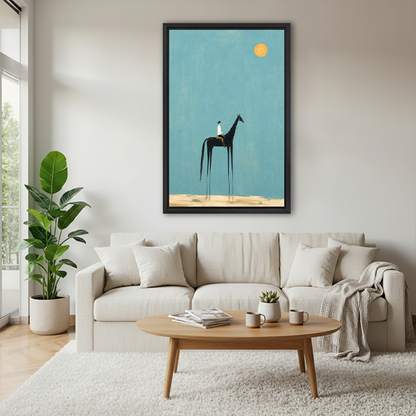 Woman holding black framed horse and rider canvas wall art featuring a teal sky and small golden sun.