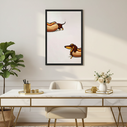 Black-framed dachshund canvas wall art with comic hot dog figures displayed above a light living room sofa.