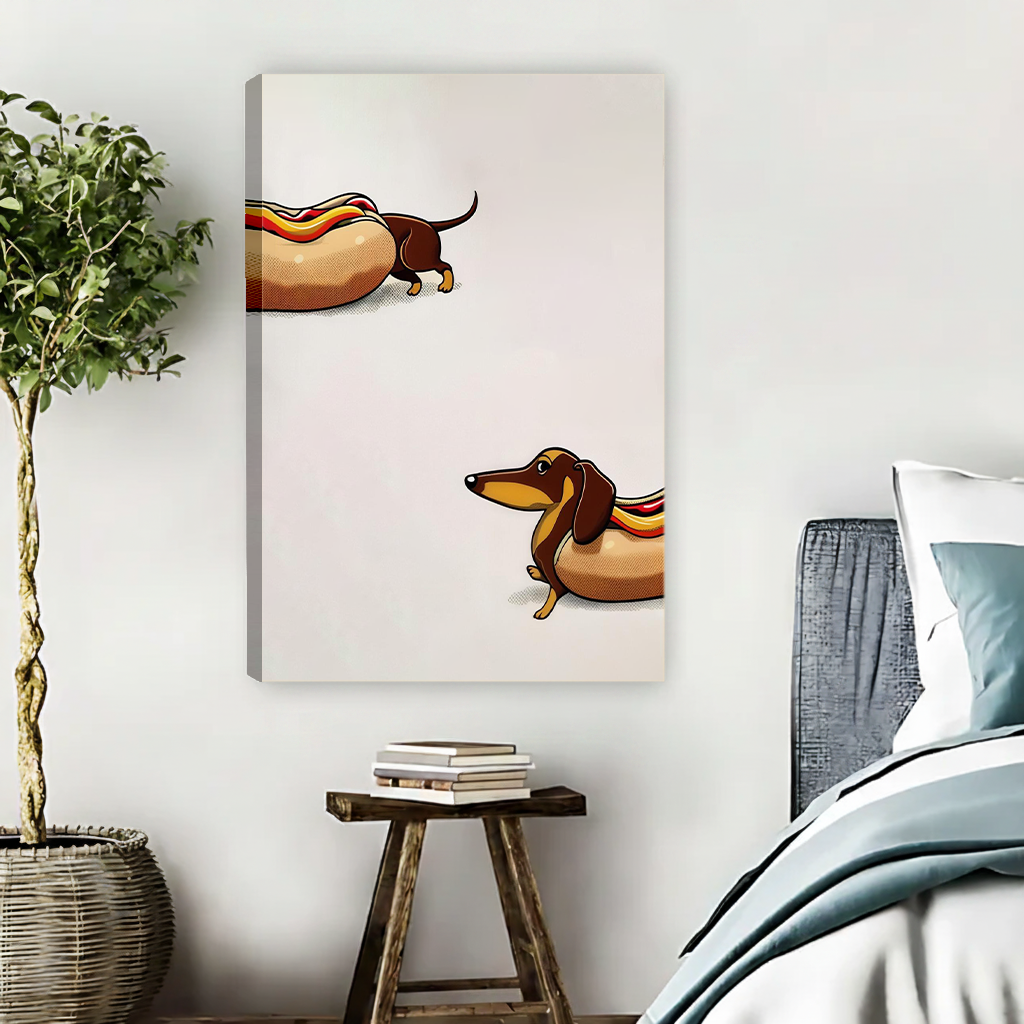 Funny dachshund canvas wall art featuring two hot dog illustrations in a black frame beside a bed.