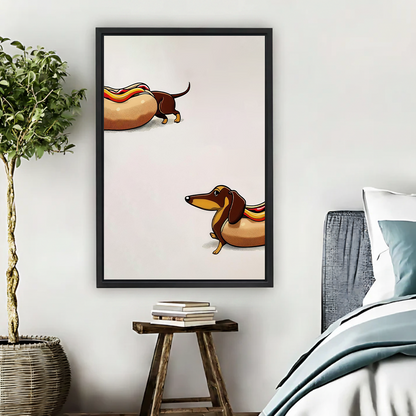 Pop art dachshund canvas wall art with hot dog costumes, displayed unframed beside a bed.