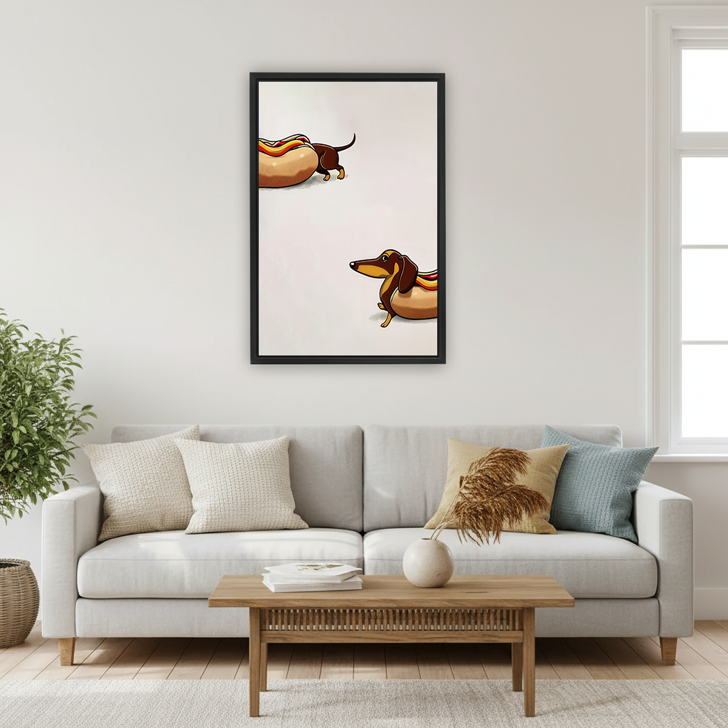 Playful dachshund canvas wall art in a black frame above a white and gold home office desk.