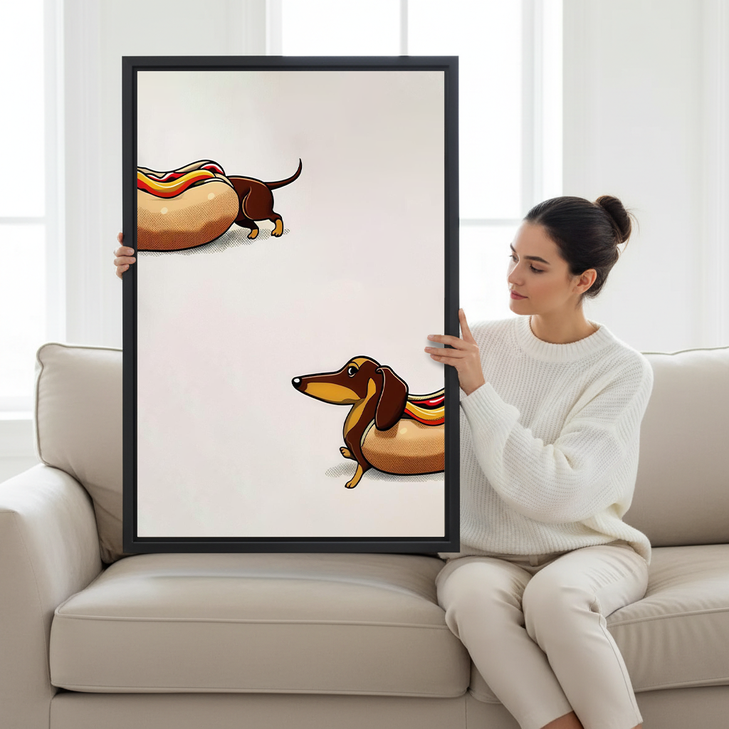 Woman holding black-framed dachshund canvas wall art with playful hot dog illustrations while seated on a sofa.