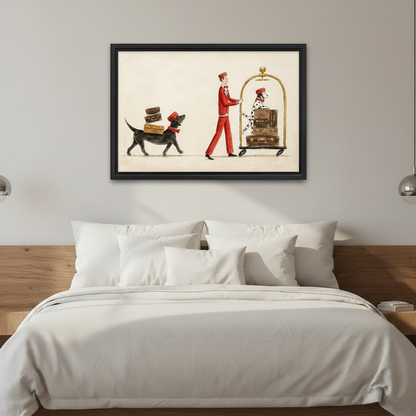 Bellboy with dachshund and dalmatian carrying leather suitcases framed canvas above white platform bed with wood headboard