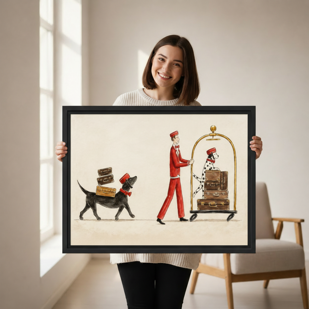 Hotel bellboy with dachshund and dalmatian and vintage luggage framed canvas above cream linen sofa with green plant