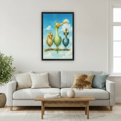 Funny cartoon bird trio framed canvas print displayed above a marble and gold home office desk, showing a tall green long-beaked bird flanked by a fluffy chick and a spiky blue bird on a branch