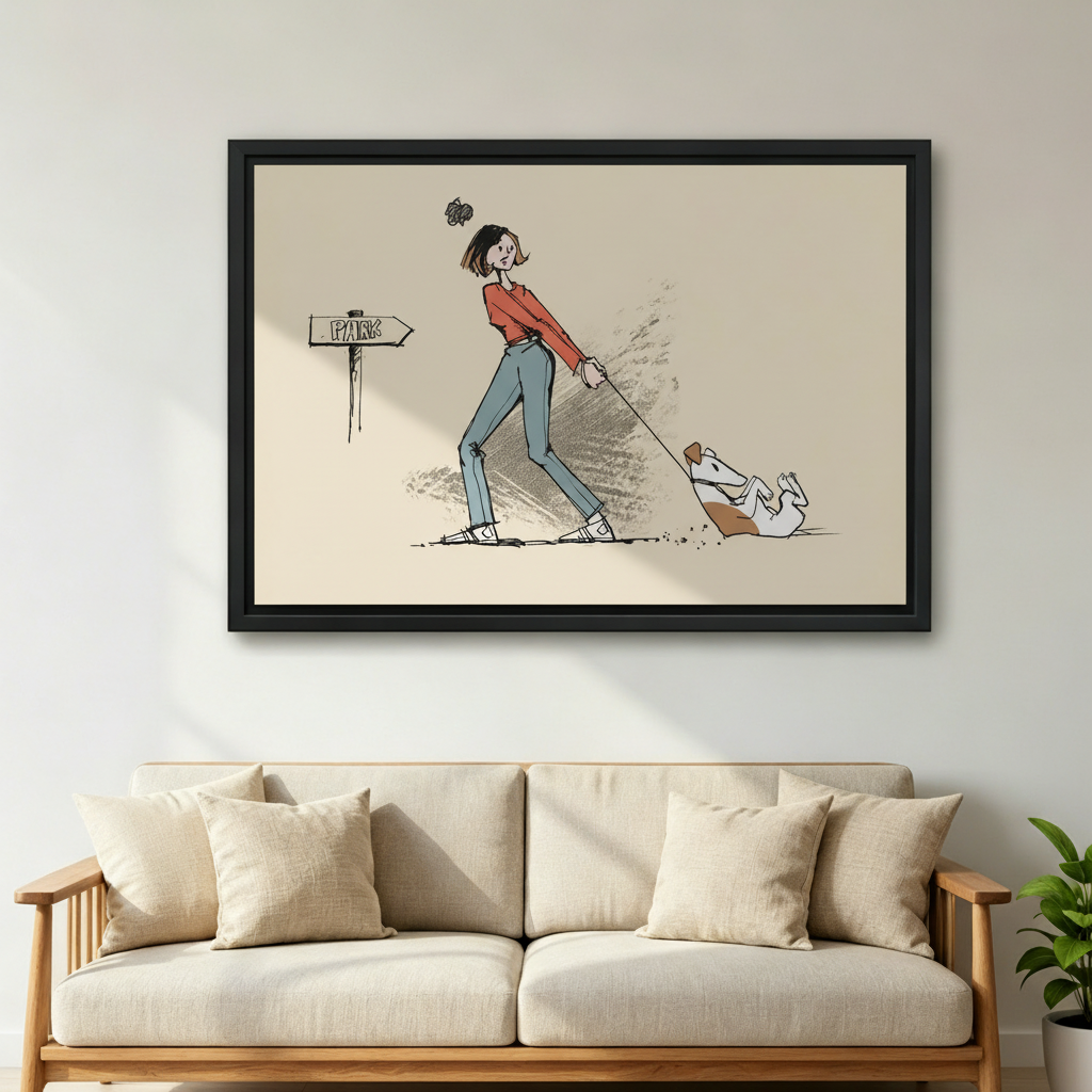 Humorous dog walk sketch canvas wall art in living room display, funny woman and stubborn dog illustration in beige pencil sketch style, perfect dog lover gift