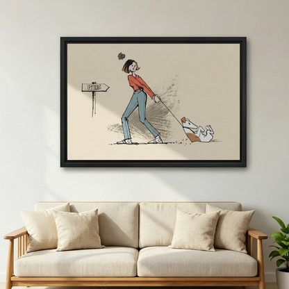 Humorous dog walk sketch canvas wall art in living room display, funny woman and stubborn dog illustration in beige pencil sketch style, perfect dog lover gift