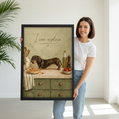 Woman holding a large black-framed vintage dog art print of a dachshund caught eating spaghetti on a kitchen counter with the I Can Explain quote
