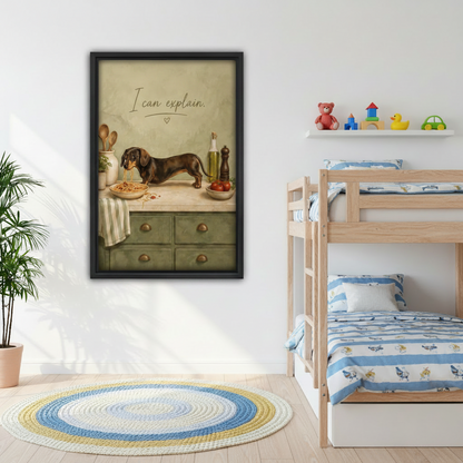 Black framed I Can Explain dachshund spaghetti art print displayed in a children's bedroom with bunk beds, featuring a guilty dog caught stealing pasta in a vintage kitchen setting