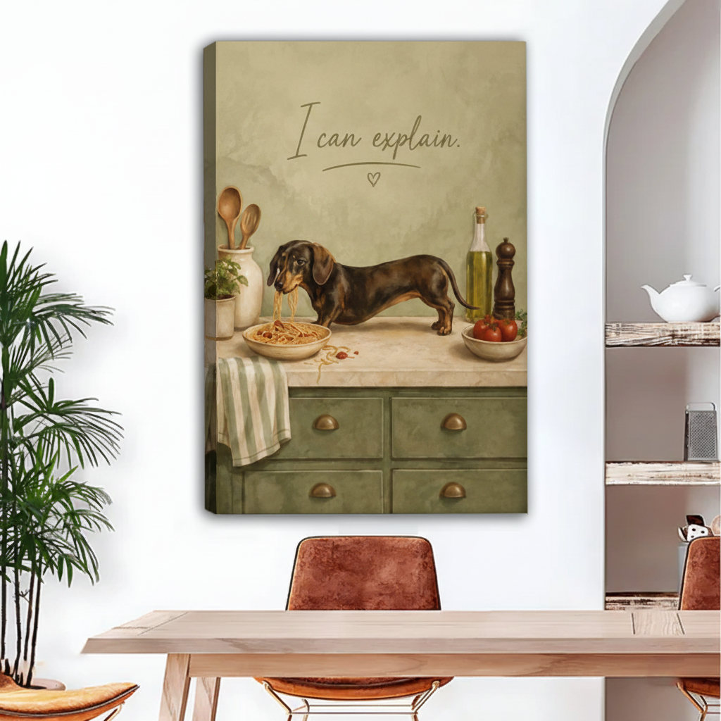Vintage-style frameless canvas wall art of a guilty dachshund eating spaghetti on a kitchen counter with the quote I Can Explain, displayed in a rustic dining roomAlt text: